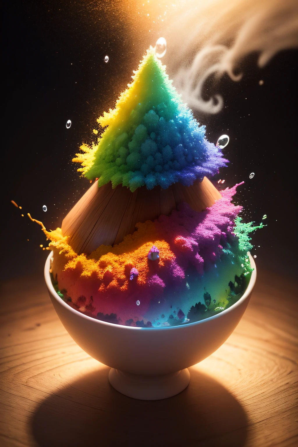 A drop of water falls into a bowl filled with pigments of different colors, producing a magnificent explosion of colorful, textured and detailed dust