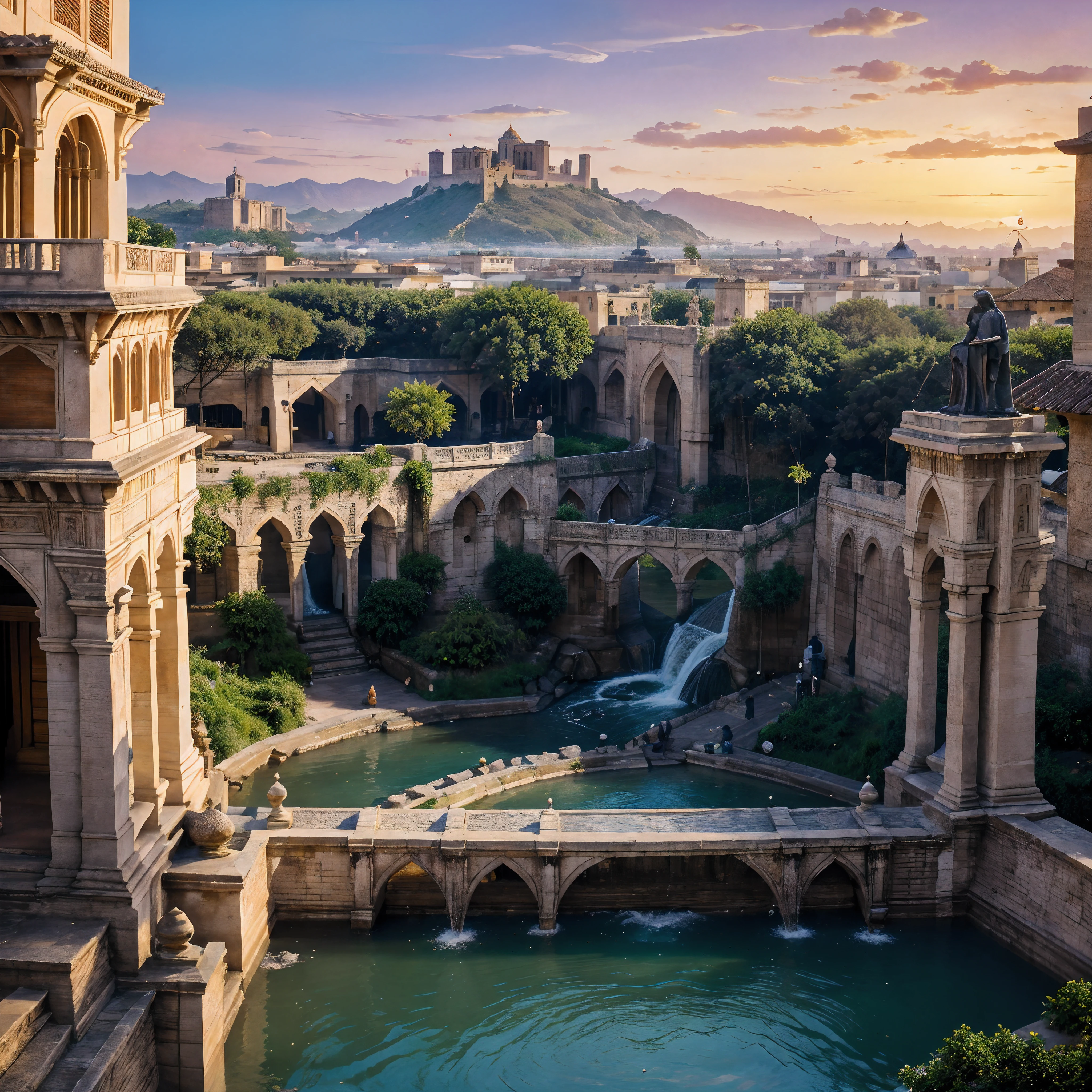 (photorealistic, highres, vibrant colors)Ancient city with a River flowing through its neighborhoods, crumbling ruins, lush gardens, intricate stone carvings, bustling marketplaces, royal palaces, ornate temples, winding streets, vibrant bazaars, arched bridges, towering minarets, reflecting pools, scenic waterfronts, majestic fountains, golden sunset bathing the city in warm hues, cascading waterfalls, distant mountains, a tranquil atmosphere with a hint of mystery and wonder.