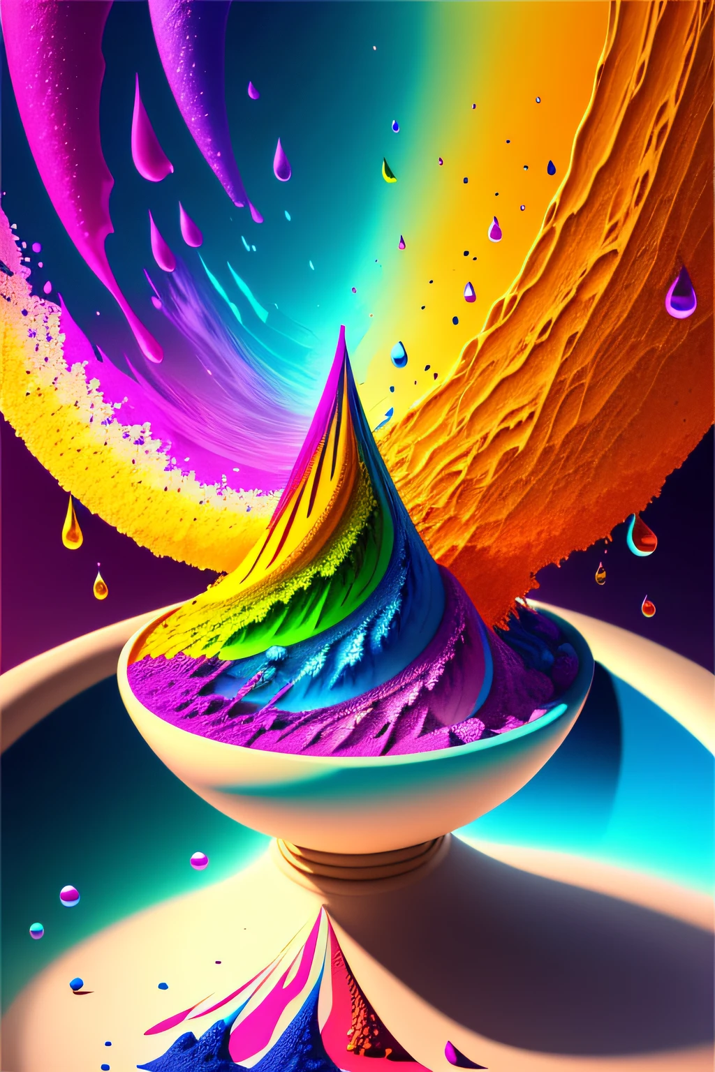 A drop of water falls into a bowl filled with pigments of different colors, producing a magnificent explosion of colorful, textured and detailed dust