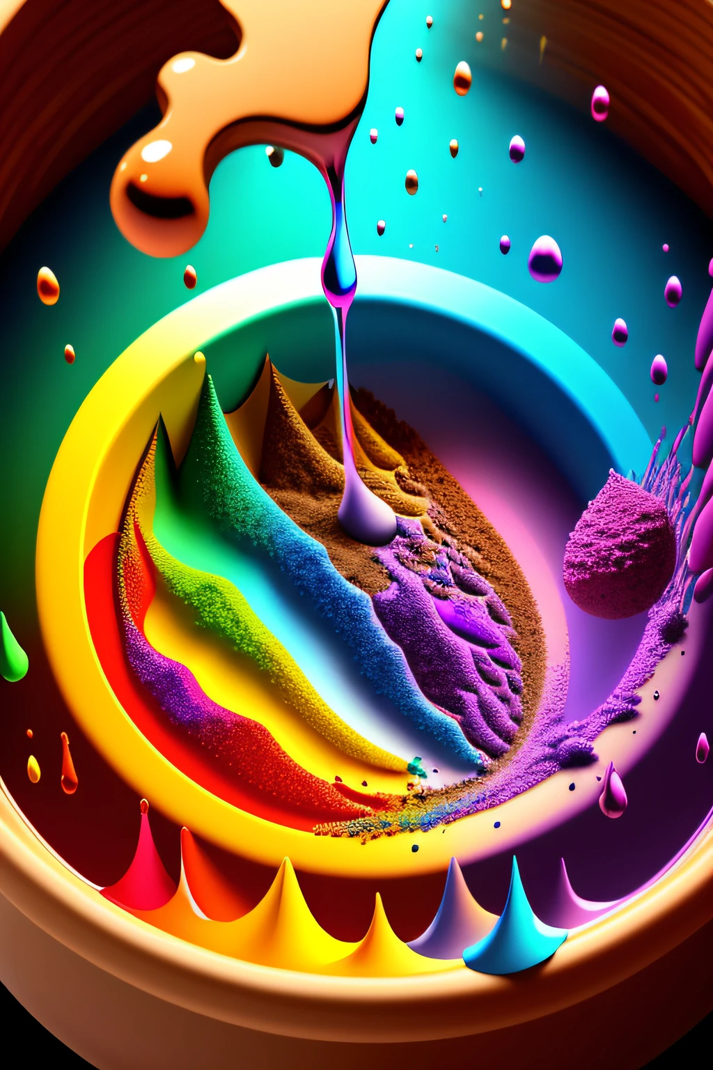 A drop of water falls into a bowl filled with pigments of different colors, producing a magnificent explosion of colorful, textured and detailed dust