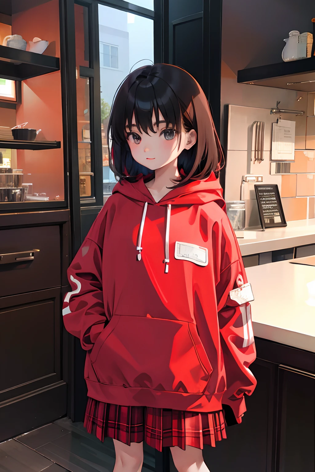 child,(masterpiece,Highest Quality),Light Red Sheer Hoodie,plaid skirts,A dark-haired