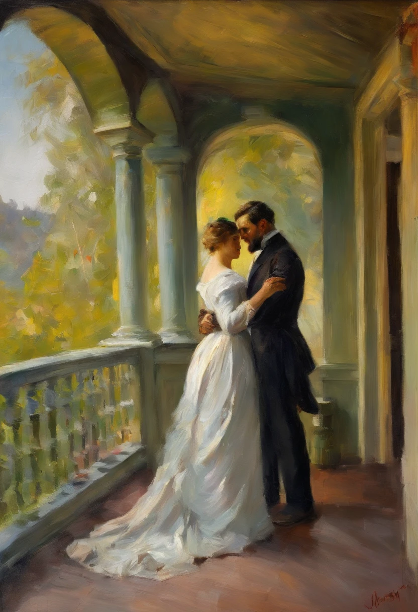 Full body shot, a Victorian female couple embracing on a veranda