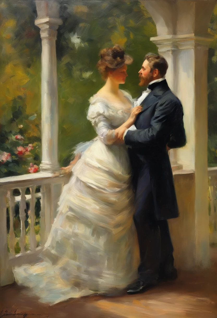 Full body shot, a Victorian female couple embracing on a veranda