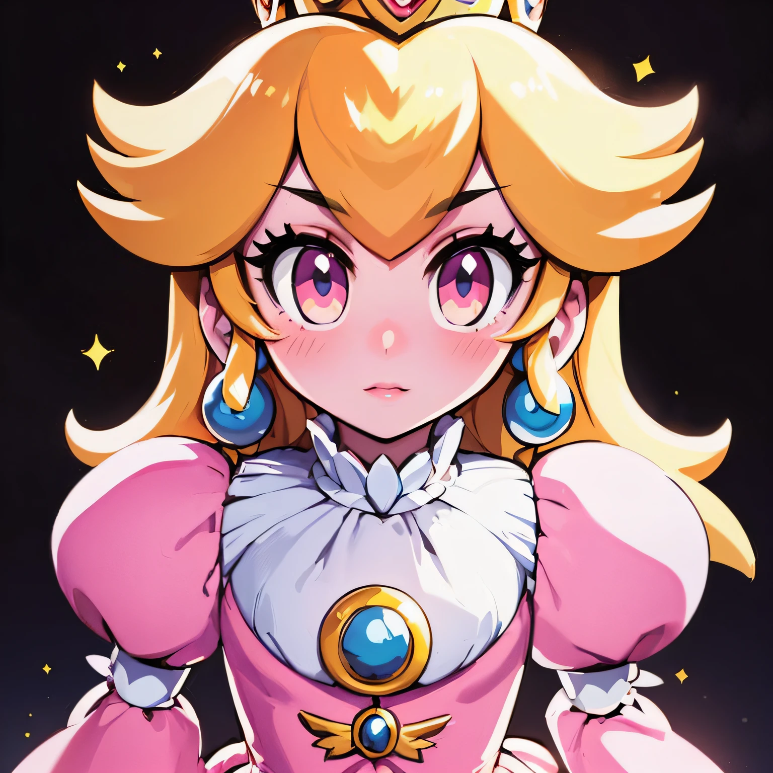 (masterpiece, best quality), A young girl, portrait of princess peach, nintendo game art, official art, video game fanart, high detailed artwork, glowing face, wearing a pink dress, she has a determined look on her face, solid black background, dramatic effect to the image,