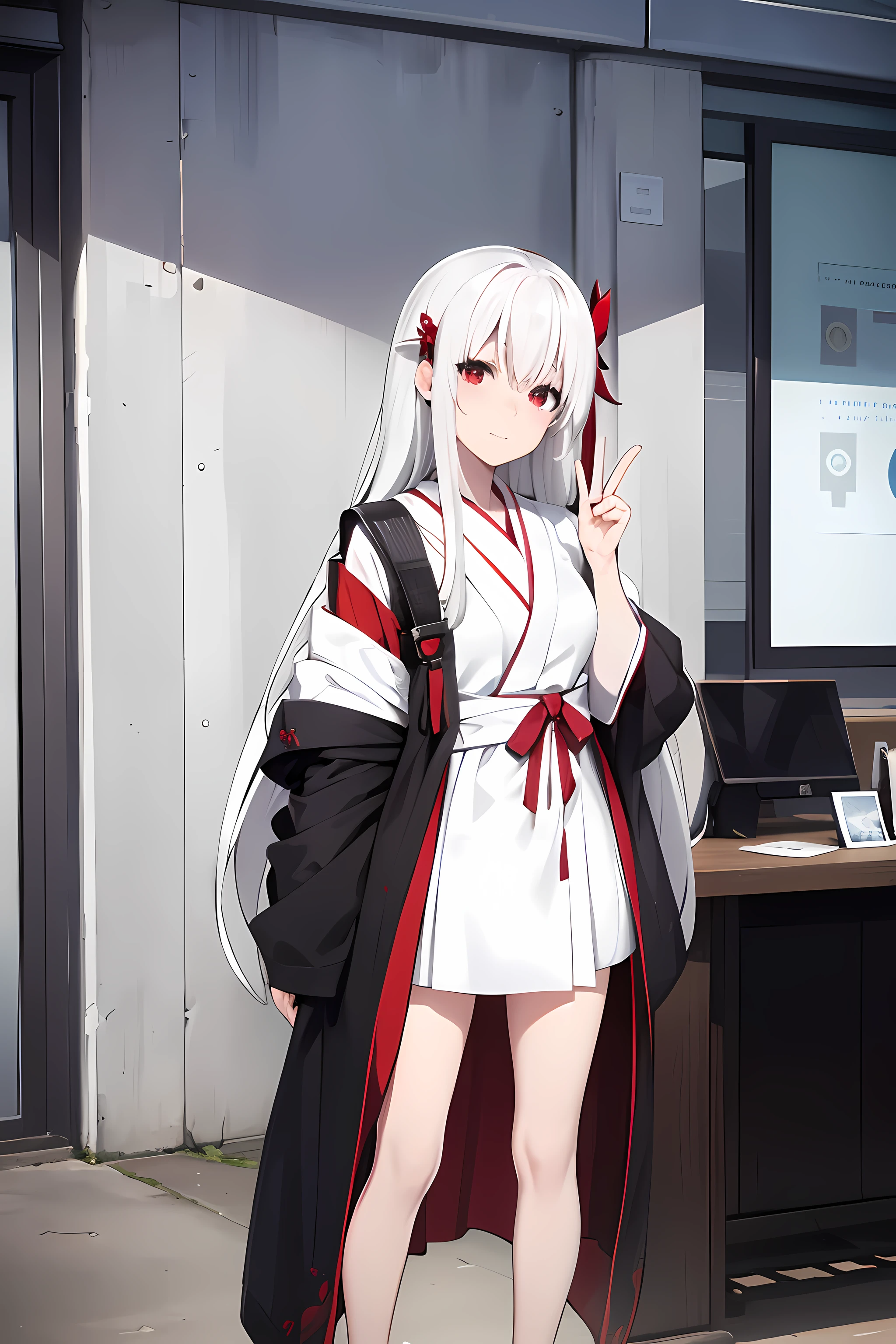 8l, 4k, high resolution, A vampire girl with white hair and red eyes, she is standing in a white kimono. She has her mouth wide open and looks ecstatic and is showing the camera peace signs