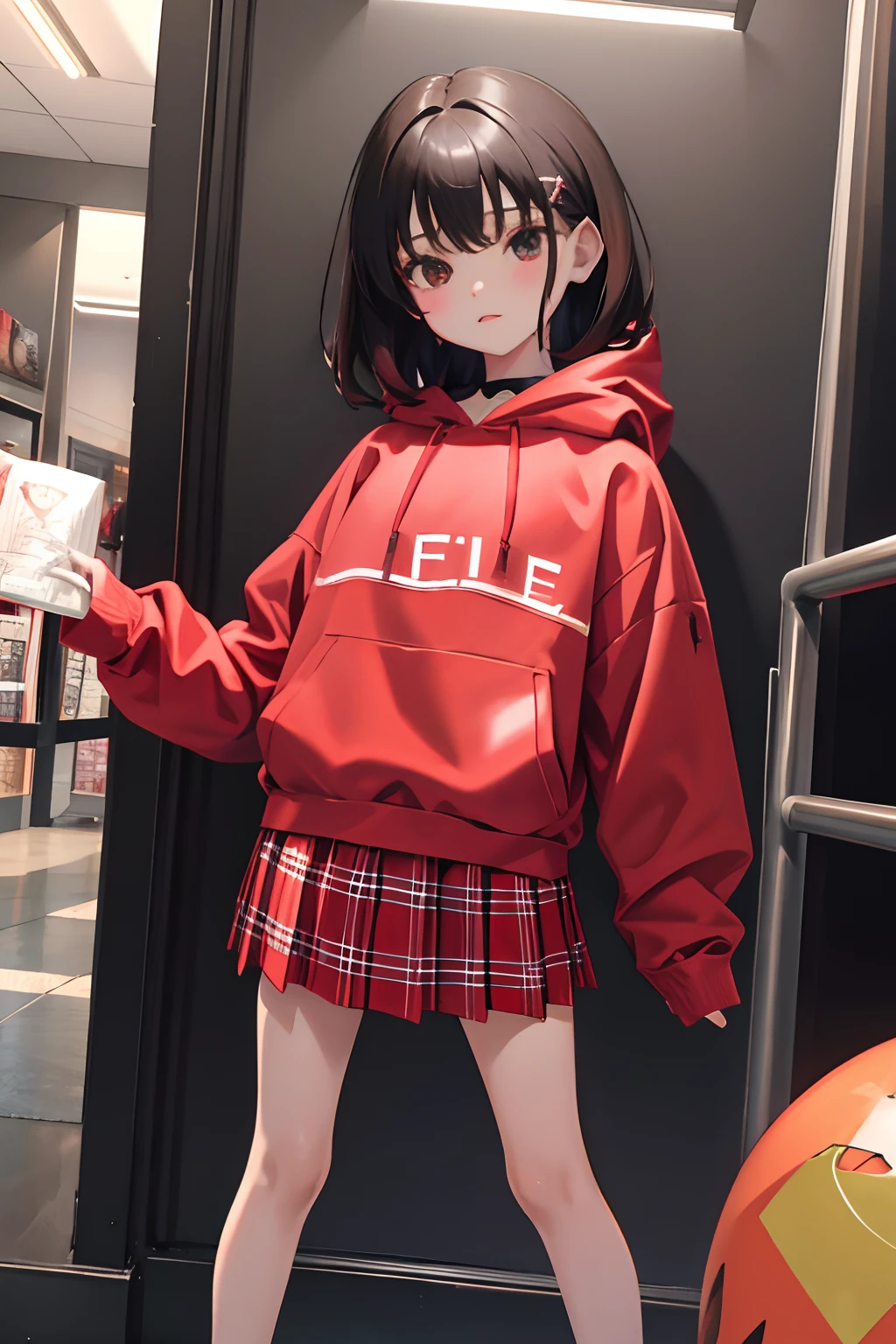 ,(masterpiece,Highest Quality),Light Red Sheer Hoodie,plaid skirts,A dark-haired