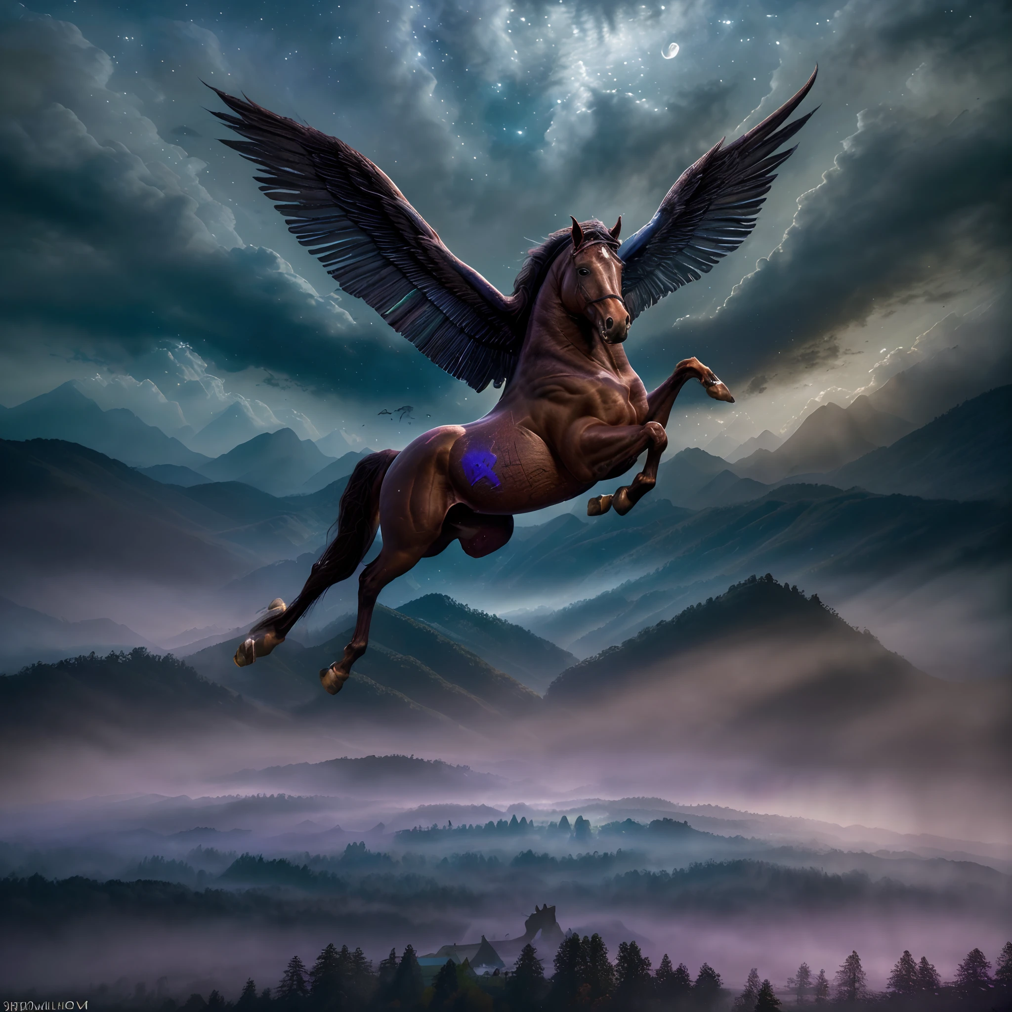 horse with wings, flying in the night, (best quality, 4k, highres, HDR), ultra-detailed, (realistic:1.37), oil painting, majestic pose, galloping in the sky, magical atmosphere, vibrant colors, glowing moonlight, ethereal shadows, dreamlike, mythical creature, fantasy, enchanting landscape