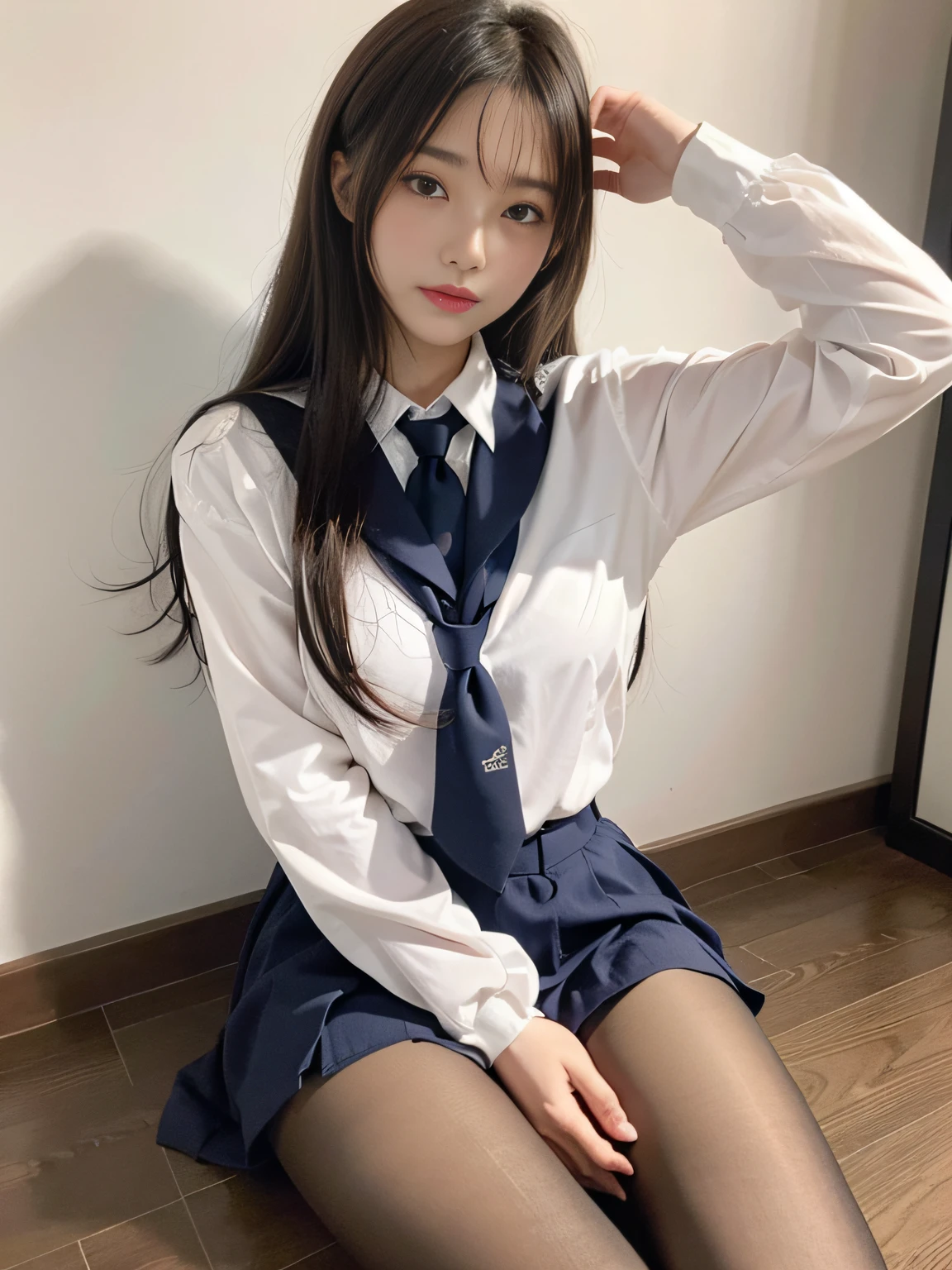 masutepiece、(Raw foto:1.2), (Photorealsitic:1.2), a beautiful detailed girl,small head,extremely detailed eye and face, beatiful detailed eyes,huge filesize, ultra-detailliert, hight resolution, ighly detailed, top-quality, ​masterpiece,((Japanese girls' high school uniform)),a picture, ighly detailed, nffsw, unification, 8k wallpaper, magnifica, finely detail, ​masterpiece, top-quality, Highly detailed ticker uniform 8K wallpaper, Light on the Face、电影灯光、1８Year old girl、((panties on))、((dynamicposes)))、(tiptoes)、(half)、(((Flesh-colored pantyhose)))、(Sitting with bent knees))、Anatomically accurate、large full breasts