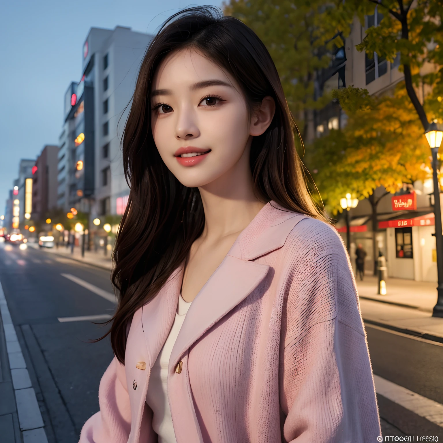 (Best quality,16k,A high resolution,Masterpiece:1.2),Ultra-detailed,(Realistic,Photorealistic,photo-realistic:1.37),Korean fashion beauty,Japanese and Korean beauties,cute and innocent,Detailed eyes and face,beautiful detailed lips,Long eyelashes,slimification,fashionable, big smile with teeth, (Lovely,Charming:1.1), falling leaves, autumn street background,Stylish clothes and accessories, Vivid colors,Street lights