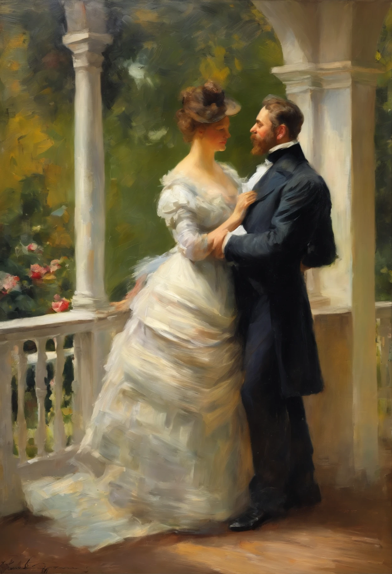 Full body shot, a Victorian female couple embracing on a veranda