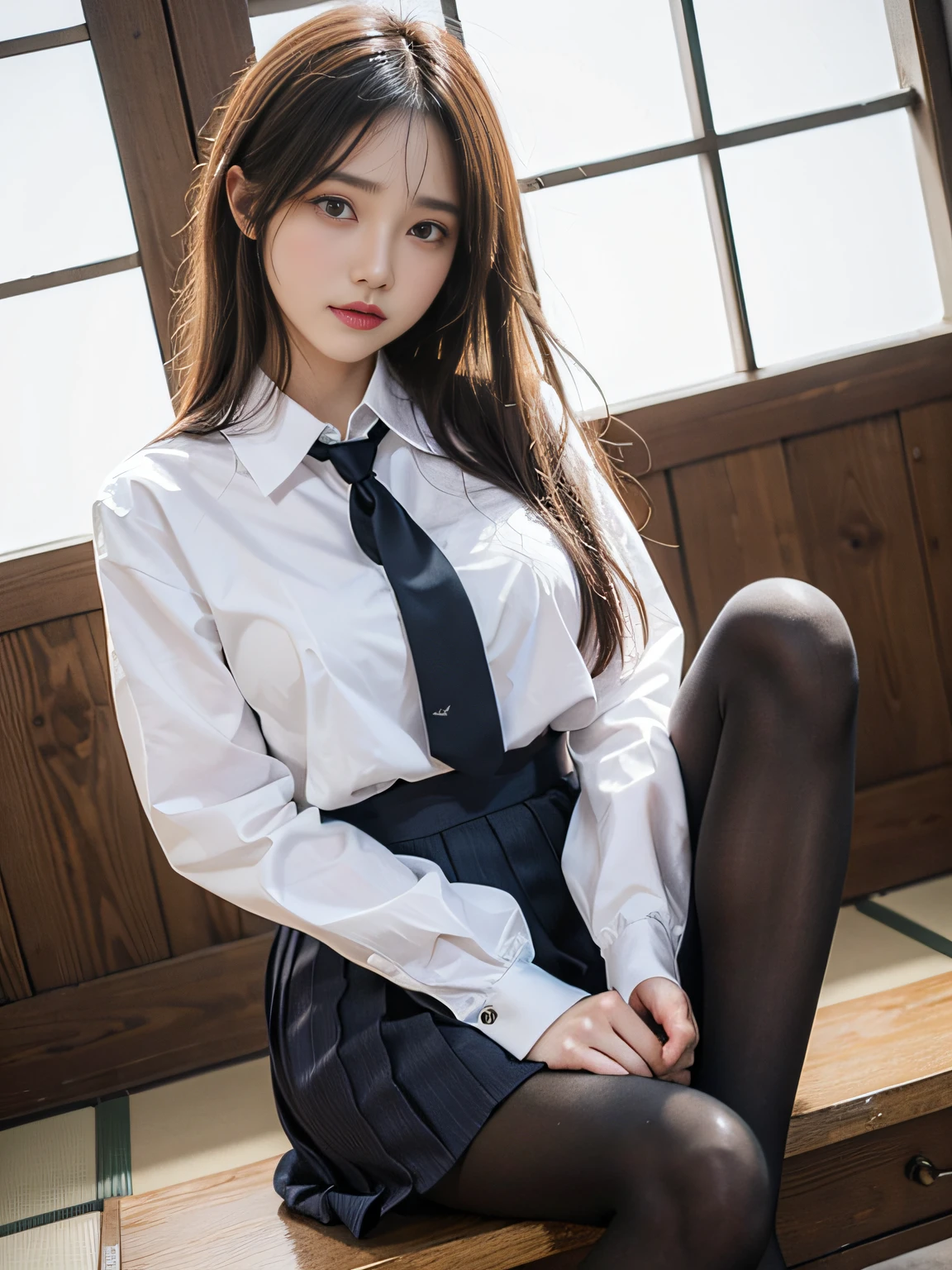 masutepiece、(Raw foto:1.2), (Photorealsitic:1.2), a beautiful detailed girl,small head,extremely detailed eye and face, beatiful detailed eyes,huge filesize, ultra-detailliert, hight resolution, ighly detailed, top-quality, ​masterpiece,((Japanese girls' high school uniform)),a picture, ighly detailed, nffsw, unification, 8k wallpaper, magnifica, finely detail, ​masterpiece, top-quality, Highly detailed ticker uniform 8K wallpaper, Light on the Face、电影灯光、1８Year old girl、((panties on))、((dynamicposes)))、(tiptoes)、(half)、(((Flesh-colored pantyhose)))、(Sitting with bent knees))、Anatomically accurate、large full breasts