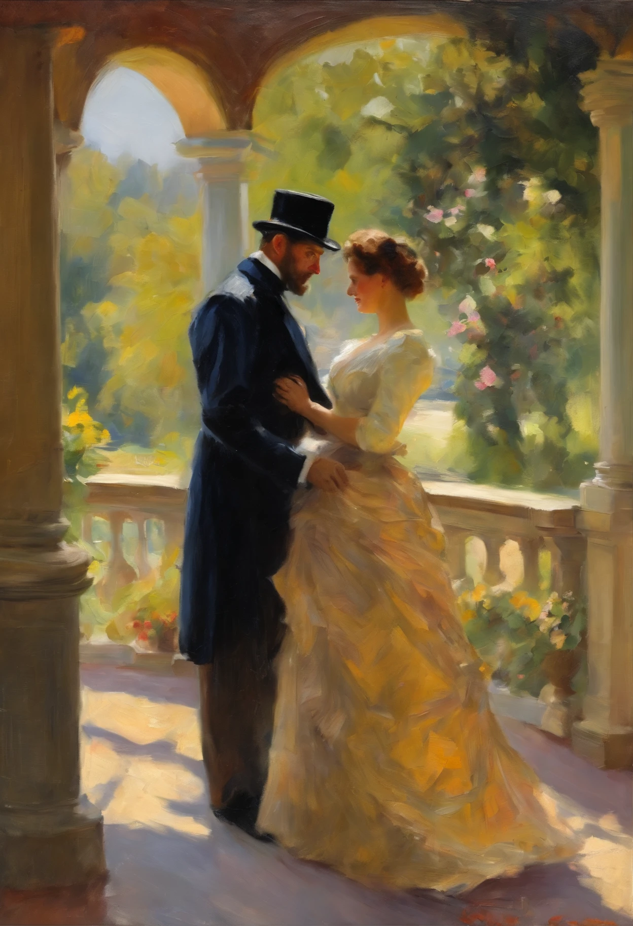 Full body shot, a Victorian female couple embracing on a veranda