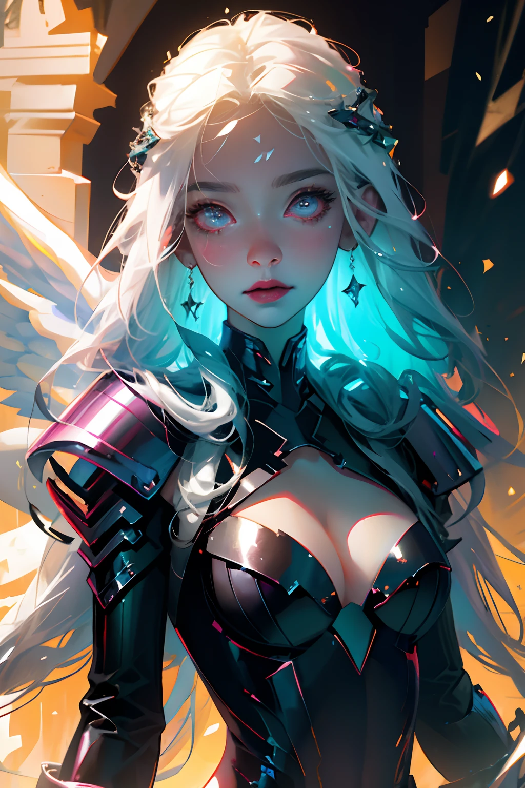 Winter goddess, absurdres, 1girl, huge gigantic breasts, cleavage showing, highly detailed battle armor, black angel wings, vibrant glowing red eyes, long platinum white hair blowing in the wind, star eye, blushing, (realistic:1.5), (masterpiece, Extremely detailed CG unity 32K UHD wallpaper, best quality, highres:1.2), (ultra_detailed, UHD:1.2), (pixiv:1.3), perfect illumination, cosmic, atmospheric, distinct, (1girl:1.4), (bishoujo:1.2), looking at viewer, unreal engine, sidelighting, perfect face, detailed face, bangs, perfect body, beautiful eyes, pretty face, (bright skin:1.4), idol, (abs), ulzzang-6500-v1.1, (navel), ruins, light place, night, light aura, close-up, selfie, (angelic smile:1.1)snowing, winter world, highly detailed background