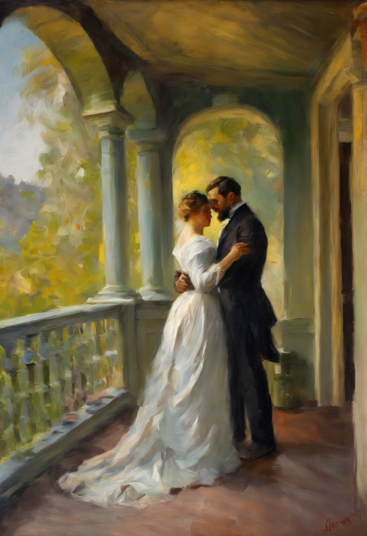 Full body shot, a Victorian female couple embracing on a veranda