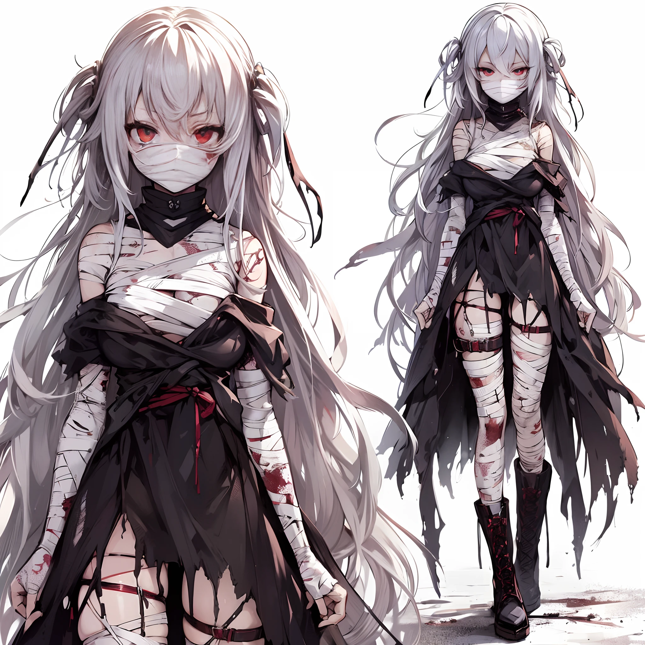 (masutepiece, Best Quality), (Perfect athlete body:1.2), (detailed hairs), Ultra-detailed, Anime style, Full body, Cyberpunk Vampire Girl, Bandaged face and body, Silver hair and red eyes, wearing a gothic dress, Standing in the wasteland, Wearing long boots, White background, Whole body,