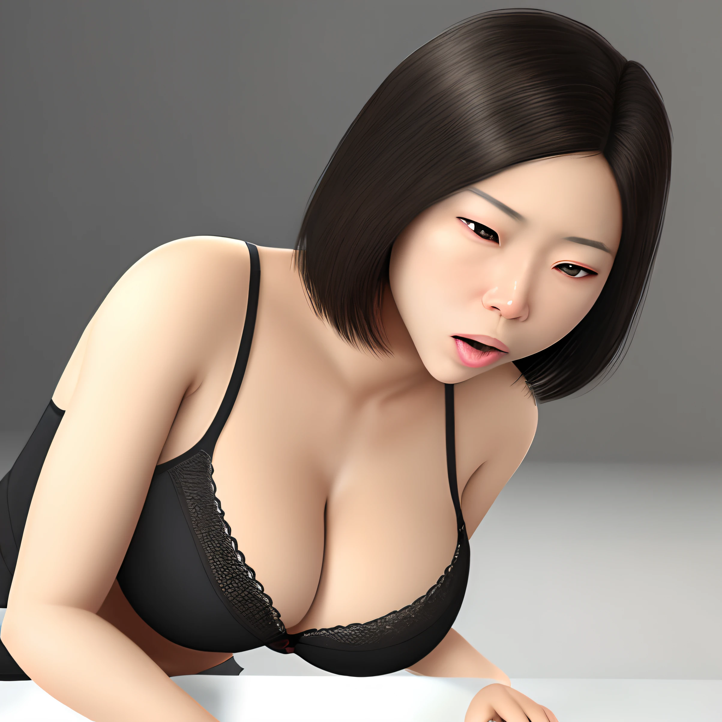 A realistic photo of a mixed race part black part Asian. She has b cup breasts which are exposed. She is sucking a white mans 8 inch