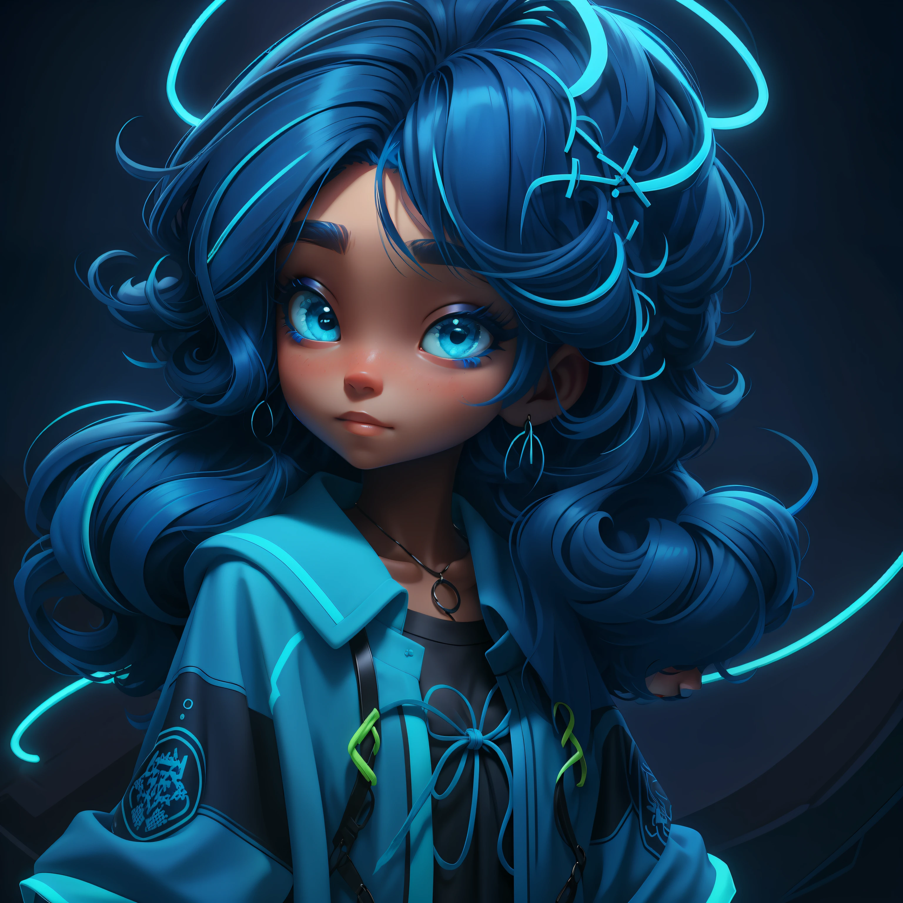 menina velho, (velho), cabelo curto, azul escuro, roupas rave neon, master part, best quality