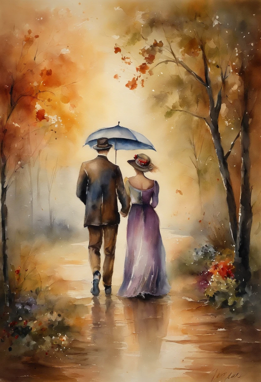Painting of a couple walking in the rain with an umbrella - SeaArt AI
