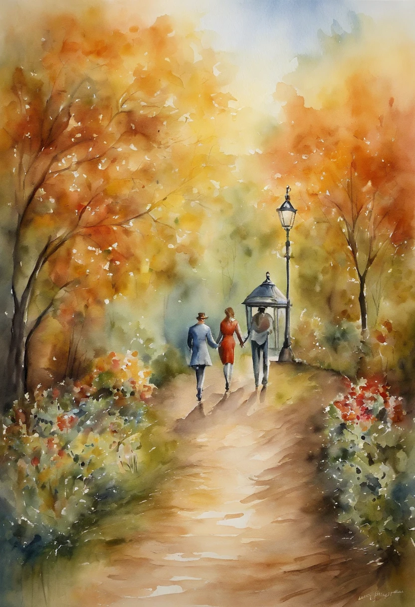 A walk in the park, A heartfelt moment between two lovers Their tender gestures reflect the sweet melody of a love affair in the making. Victorian era style