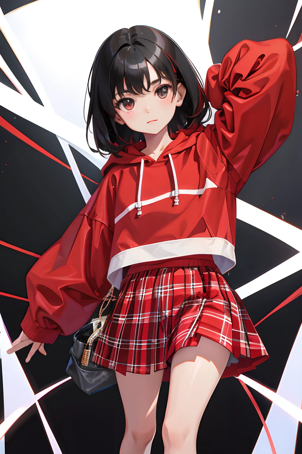 child，（​masterpiece，Highest Quality），Light Red Sheer Hoodie，plaid skirts，Short-sleeved black hair