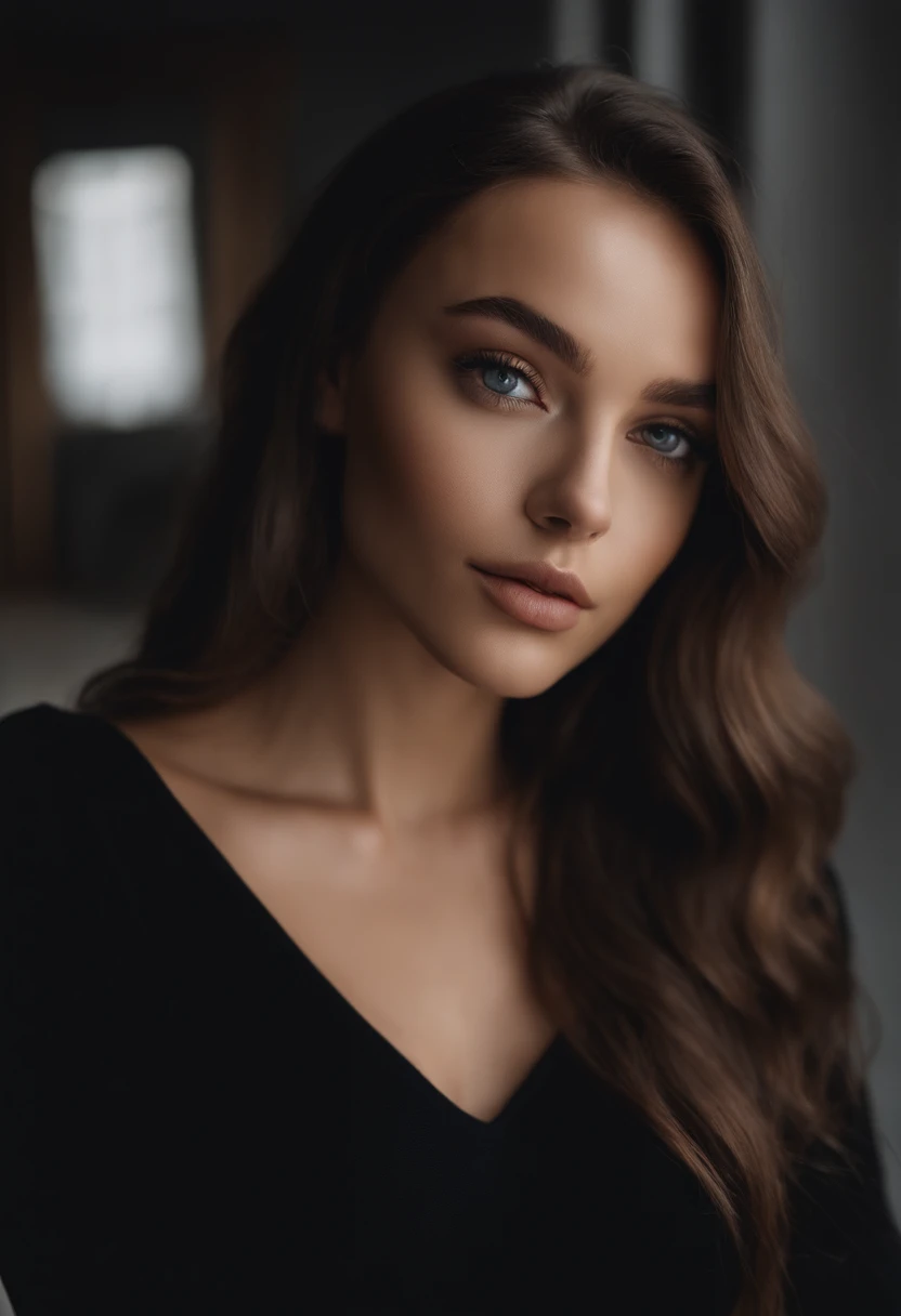 Arafed woman with attractive black clothes, fille sexy aux yeux bleus , Portrait Sophie Mudd, cheveux noirs et grands yeux, selfie of a young woman, Yeux de chambre, Violet Myers, sans maquillage, maquillage naturel, looking straight at camera, Visage avec Artgram, Maquillage subtil, Superbe photo du corps entier,