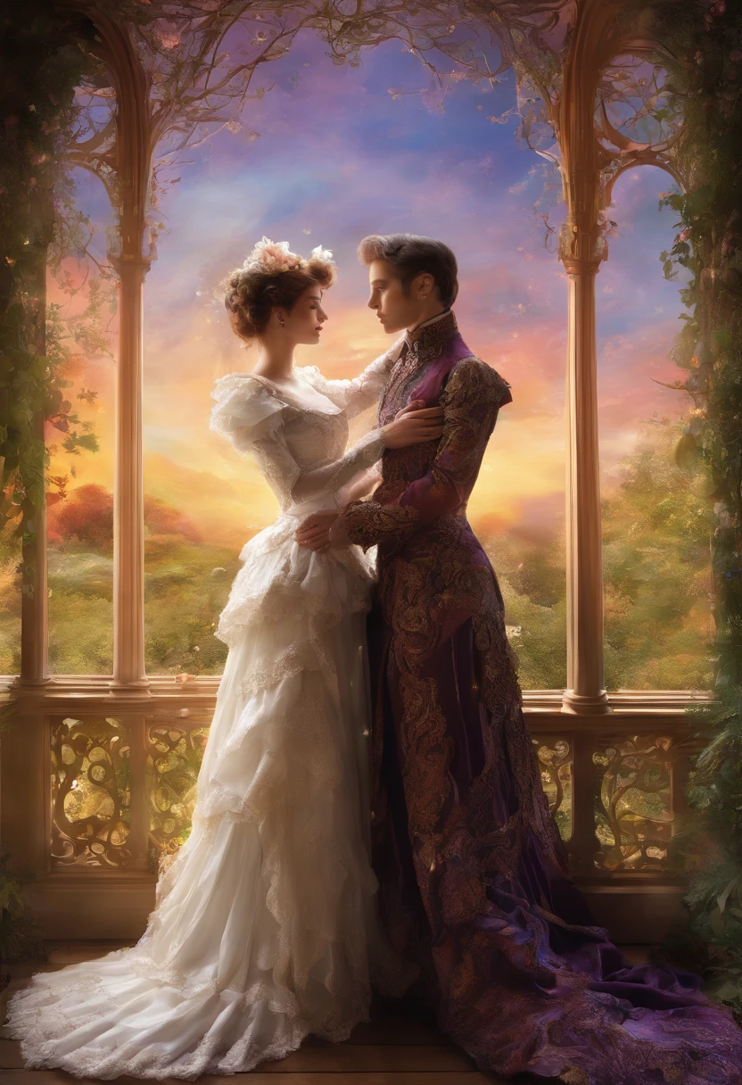 Full body shot, a Victorian female couple embracing on a veranda