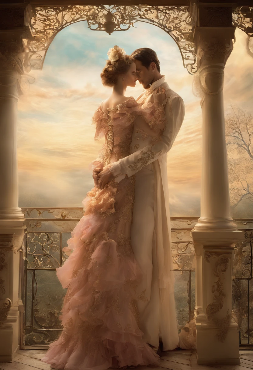 Full body shot, a Victorian female couple embracing on a veranda