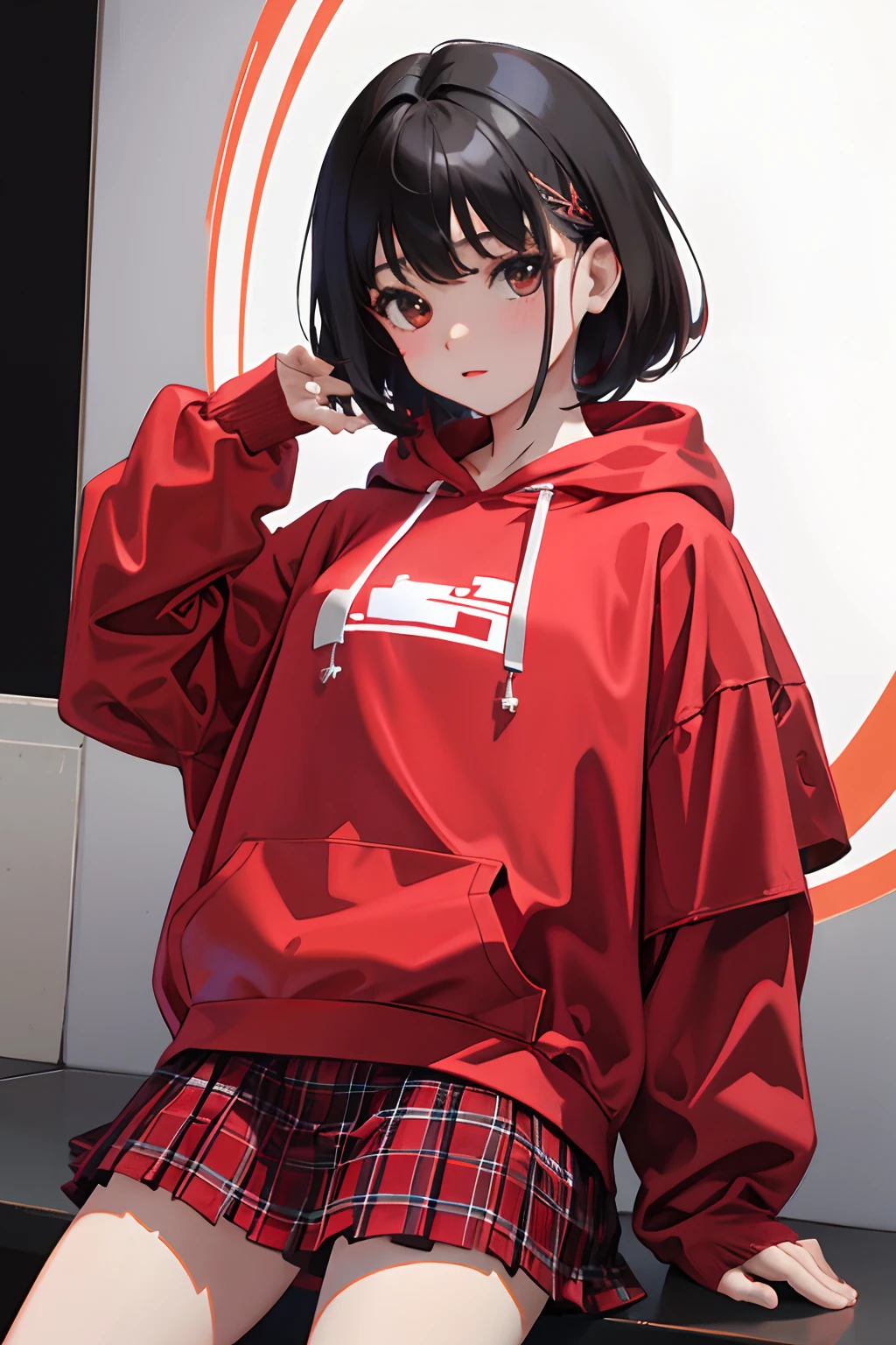 ,(masterpiece,Highest Quality),Light Red Sheer Hoodie,plaid skirts,Short-sleeved black hair