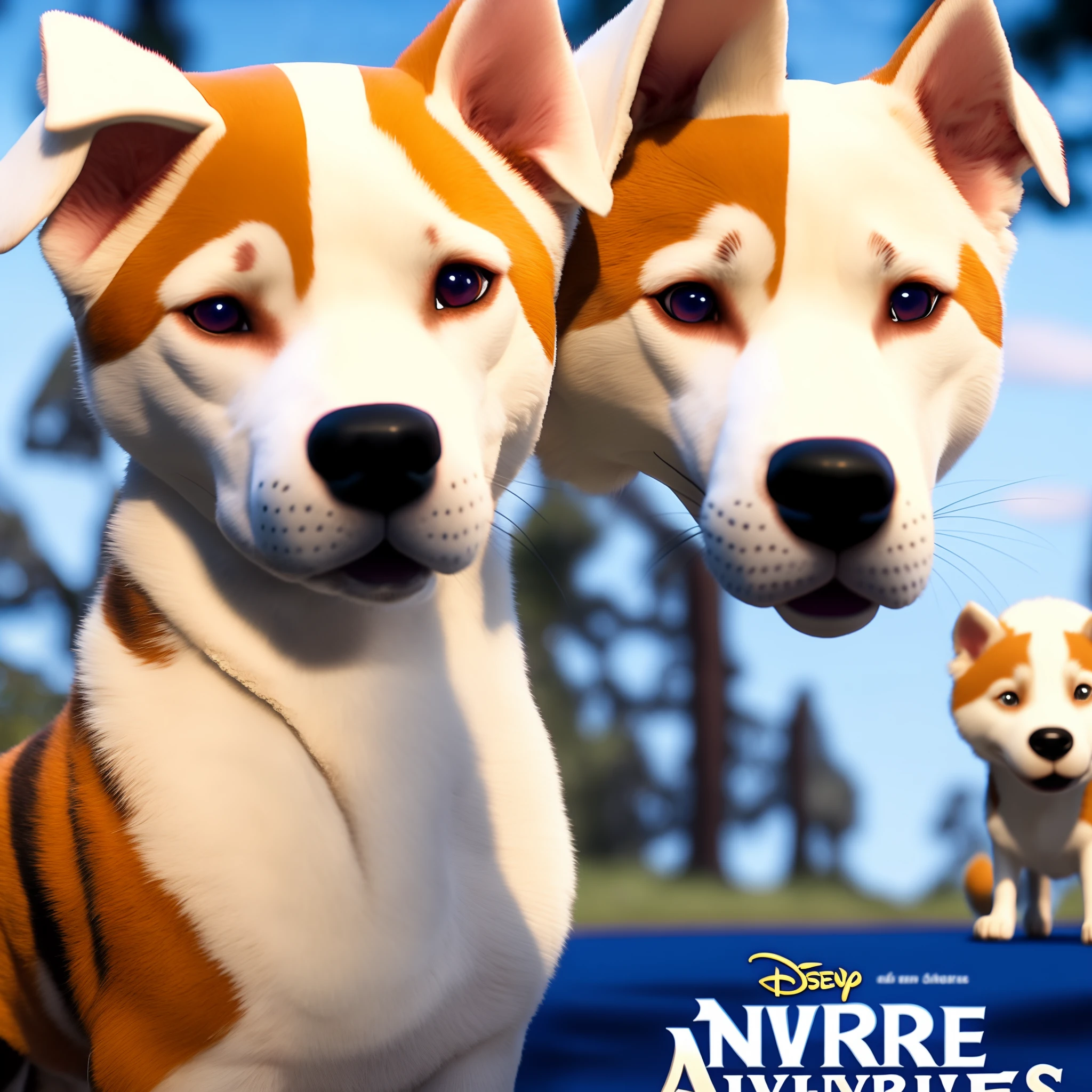 A Disney Pixar inspired movie poster with the title “Adventure’s of Kashmere”. A blonde and white Pitbull Husky mixed breed is the focus. the scene should be in the distinct Disney style art of Pixar, with a focus on character expressions, vibrant colors, and detailed textures that are characteristic of their animations.