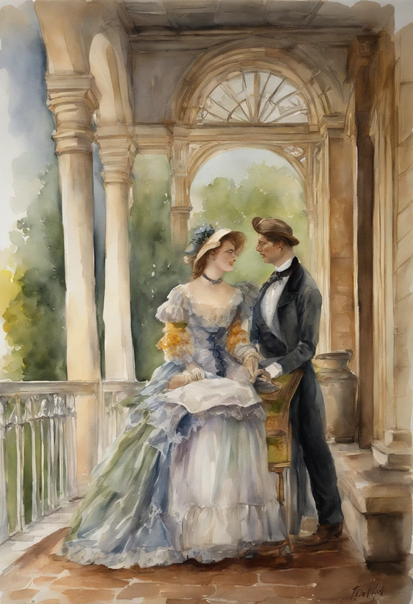 Full body shot, a Victorian female couple embracing on a veranda