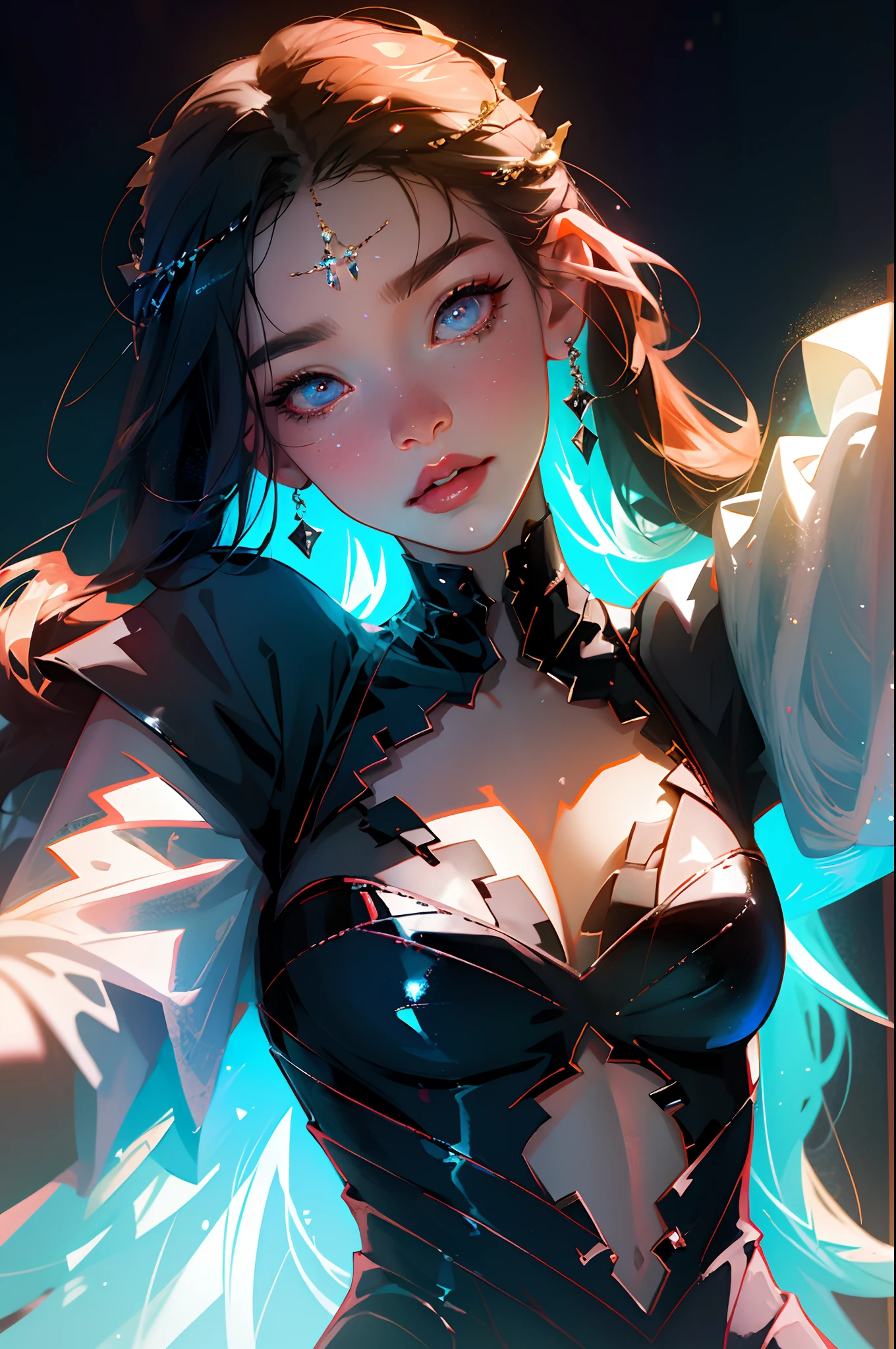 Demon goddess, absurdres, 1girl, huge gigantic breasts, cleavage showing, star eye, blushing, (realistic:1.5), (masterpiece, Extremely detailed CG unity 8k wallpaper, best quality, highres:1.2), (ultra_detailed, UHD:1.2), (pixiv:1.3), perfect illumination, distinct, (1girl:1.4), (bishoujo:1.2), looking at viewer, unreal engine, sidelighting, perfect face, detailed face, bangs, perfect body, beautiful eyes, pretty face, (bright skin:1.4), idol, (abs), ulzzang-6500-v1.1, (navel), ruins, light place, night, light aura, close-up, selfie, (angelic smile:1.1)