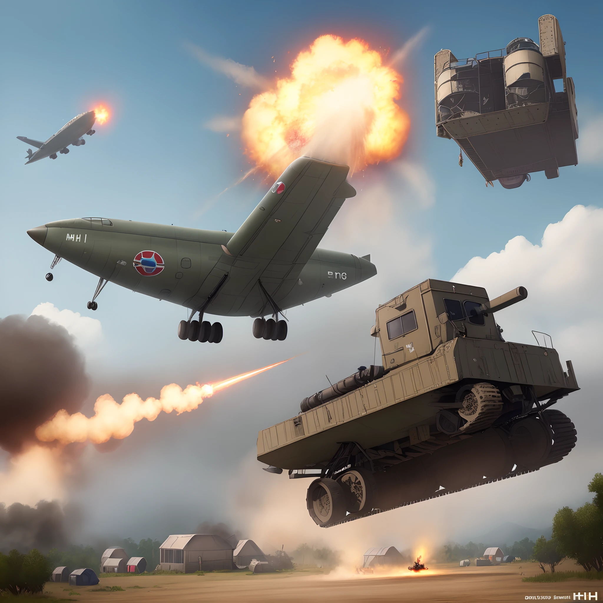 MH47G with shooting miniguns, flying away from a camp while that camp gets bombed