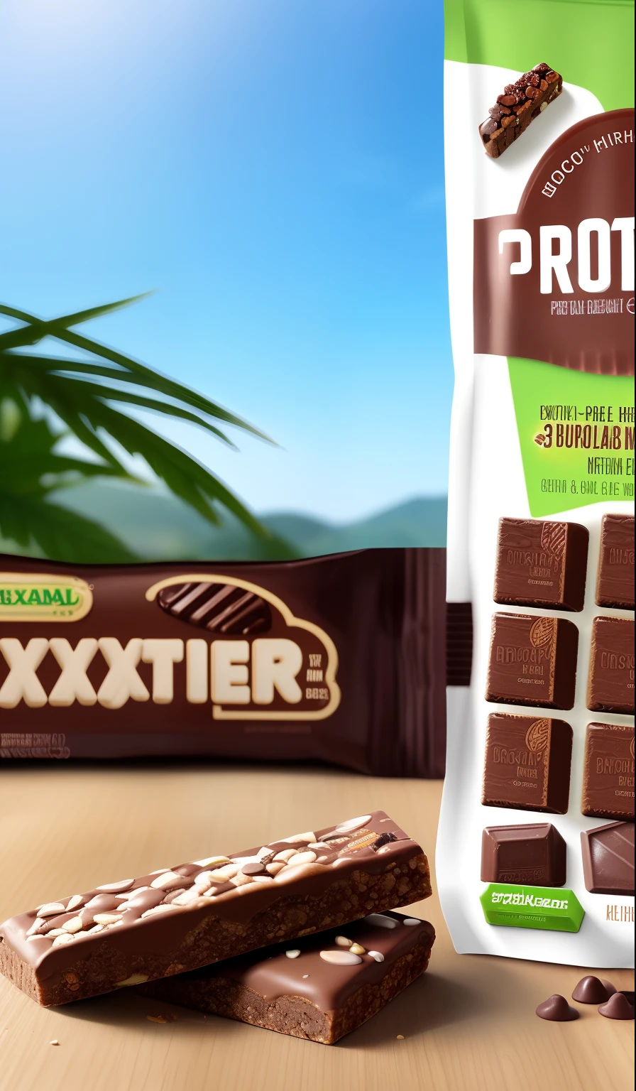 A realistic advertisement for 3 protein bars with the name of chocolate flavored to EXOTIC BARS, fresa, y galletas, A marijuana plant in the back with physical health designs