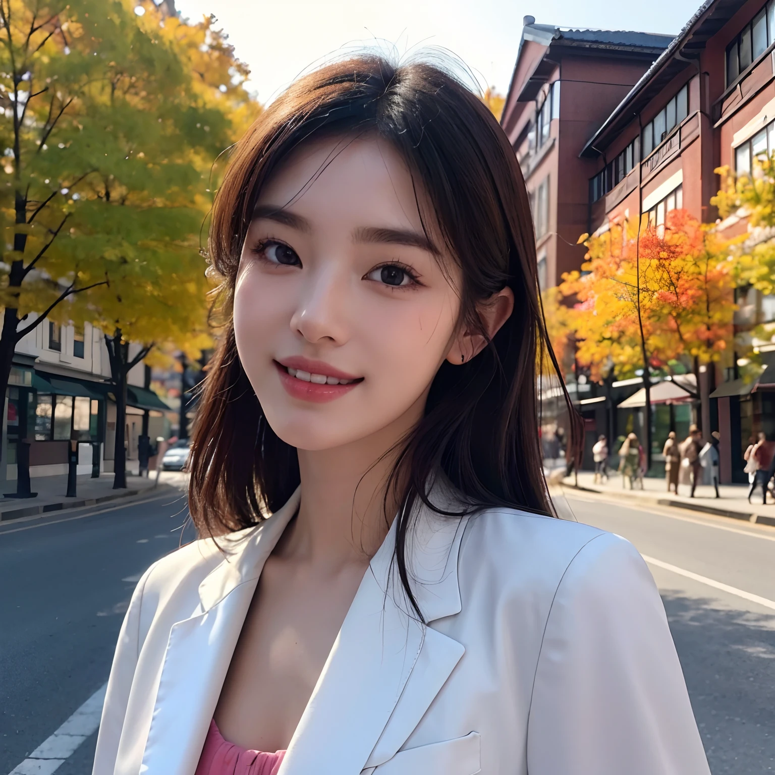 (Best quality,16k,A high resolution,Masterpiece:1.2),Ultra-detailed,(Realistic,Photorealistic,photo-realistic:1.37),Korean fashion beauty,Japanese and Korean beauties,cute and innocent,Detailed eyes and face,beautiful detailed lips,Long eyelashes,slimification,fashionable, big smile with teeth, (Lovely,Charming:1.1), falling leaves, autumn street background,Stylish clothes and accessories, Vivid colors, Fading lights
