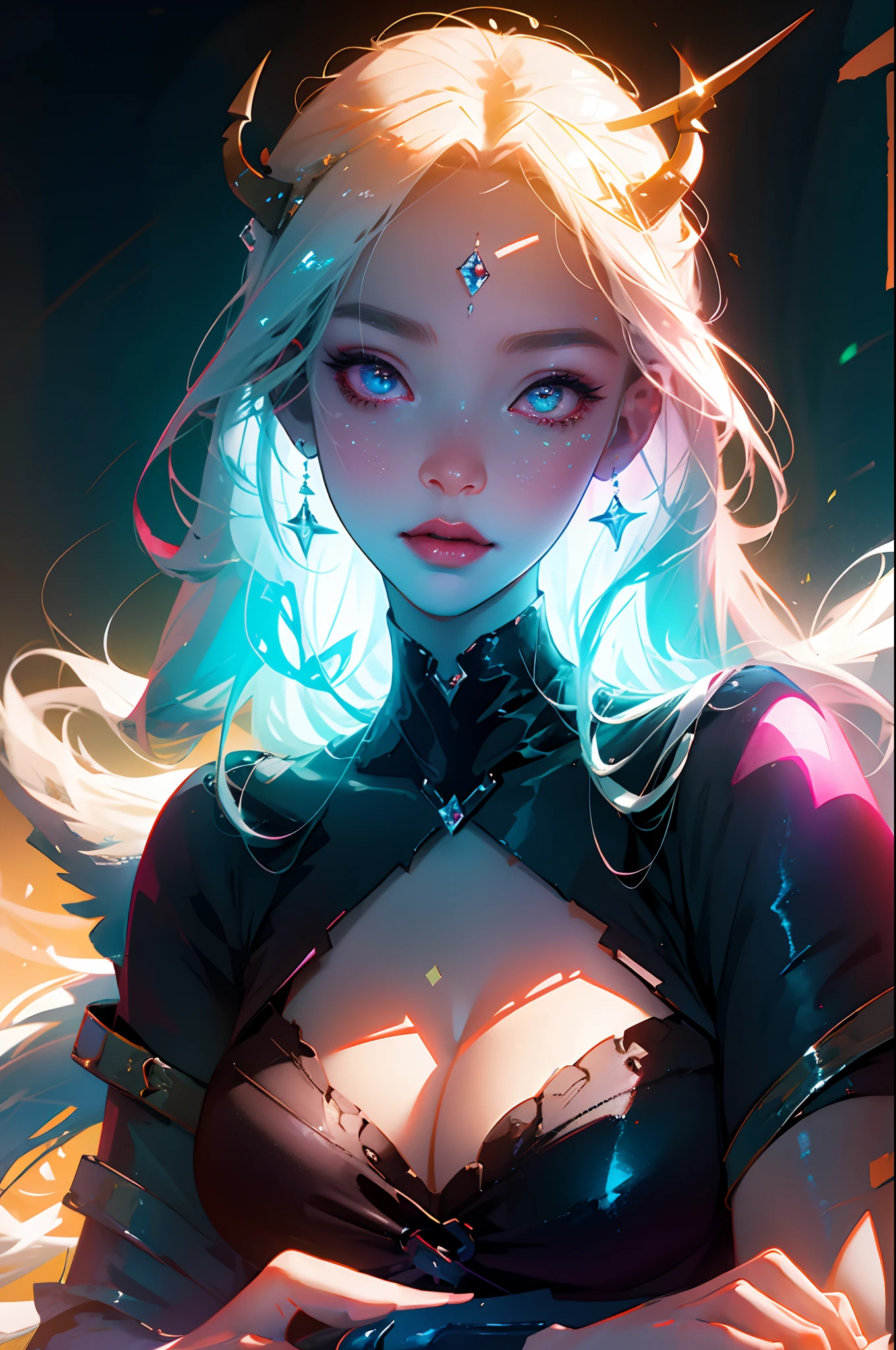 Demon goddess, absurdres, 1girl, huge gigantic breasts, cleavage showing, star eye, blushing, (realistic:1.5), (masterpiece, Extremely detailed CG unity 8k wallpaper, best quality, highres:1.2), (ultra_detailed, UHD:1.2), (pixiv:1.3), perfect illumination, distinct, (1girl:1.4), (bishoujo:1.2), looking at viewer, unreal engine, sidelighting, perfect face, detailed face, bangs, perfect body, beautiful eyes, pretty face, (bright skin:1.4), idol, (abs), ulzzang-6500-v1.1, (navel), ruins, light place, night, light aura, close-up, selfie, (angelic smile:1.1)