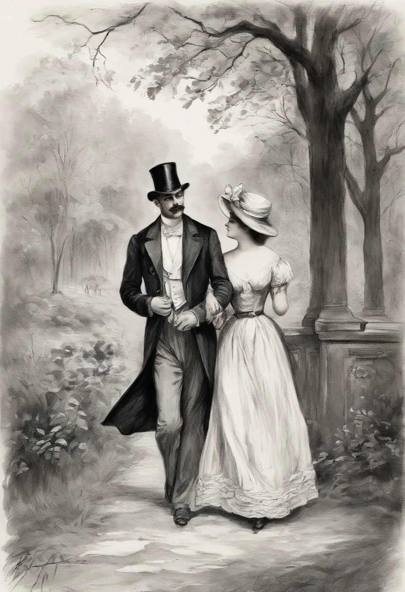 A tender moment between two lovers, walking in the park, captured in the classic Charles Dana Gibson style. A romantic couple where the woman is younger than the man and they are just starting a love relationship, they are walking in the park, they look shyly at each other and barely touch their hands, well detailed faces, Victorian style illustration in black and white ink on a white background, like this picture drawn style
