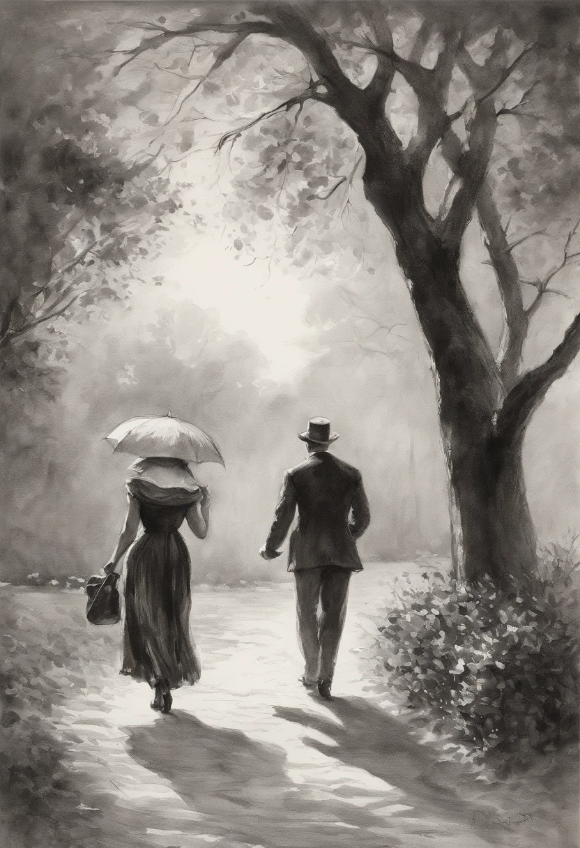 A tender moment between two lovers, walking in the park, captured in the classic Charles Dana Gibson style. A romantic couple where the woman is younger than the man and they are just starting a love relationship, they are walking in the park, they look shyly at each other and barely touch their hands, well detailed faces, Victorian style illustration in black and white ink on a white background, like this picture drawn style