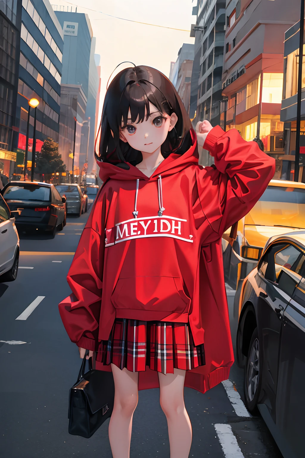 child，（​masterpiece，Highest Quality），Light Red Sheer Hoodie，plaid skirts，A dark-haired