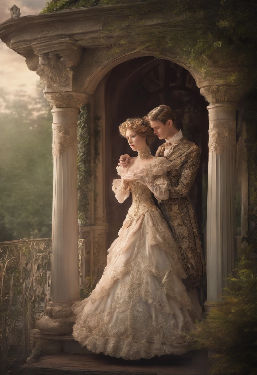 Full body shot, a Victorian female couple embracing on a veranda