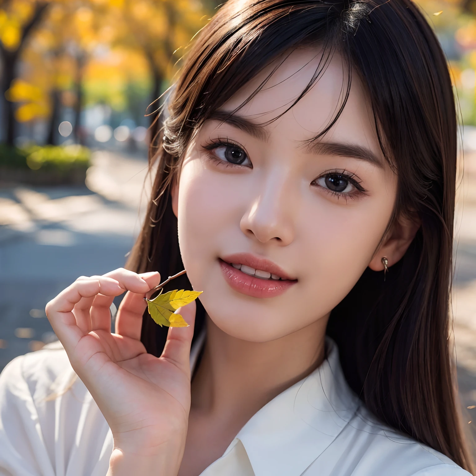 (Best quality,16k,A high resolution,Masterpiece:1.2),Ultra-detailed,(Realistic,Photorealistic,photo-realistic:1.37),Korean fashion beauty,Japanese and Korean beauties,cute and innocent,Detailed eyes and face,beautiful detailed lips,Long eyelashes,slimification,fashionable, big smile with teeth, (Lovely,Charming:1.1), falling leaves, autumn street background,Stylish clothes and accessories, Vivid colors, Fading lights