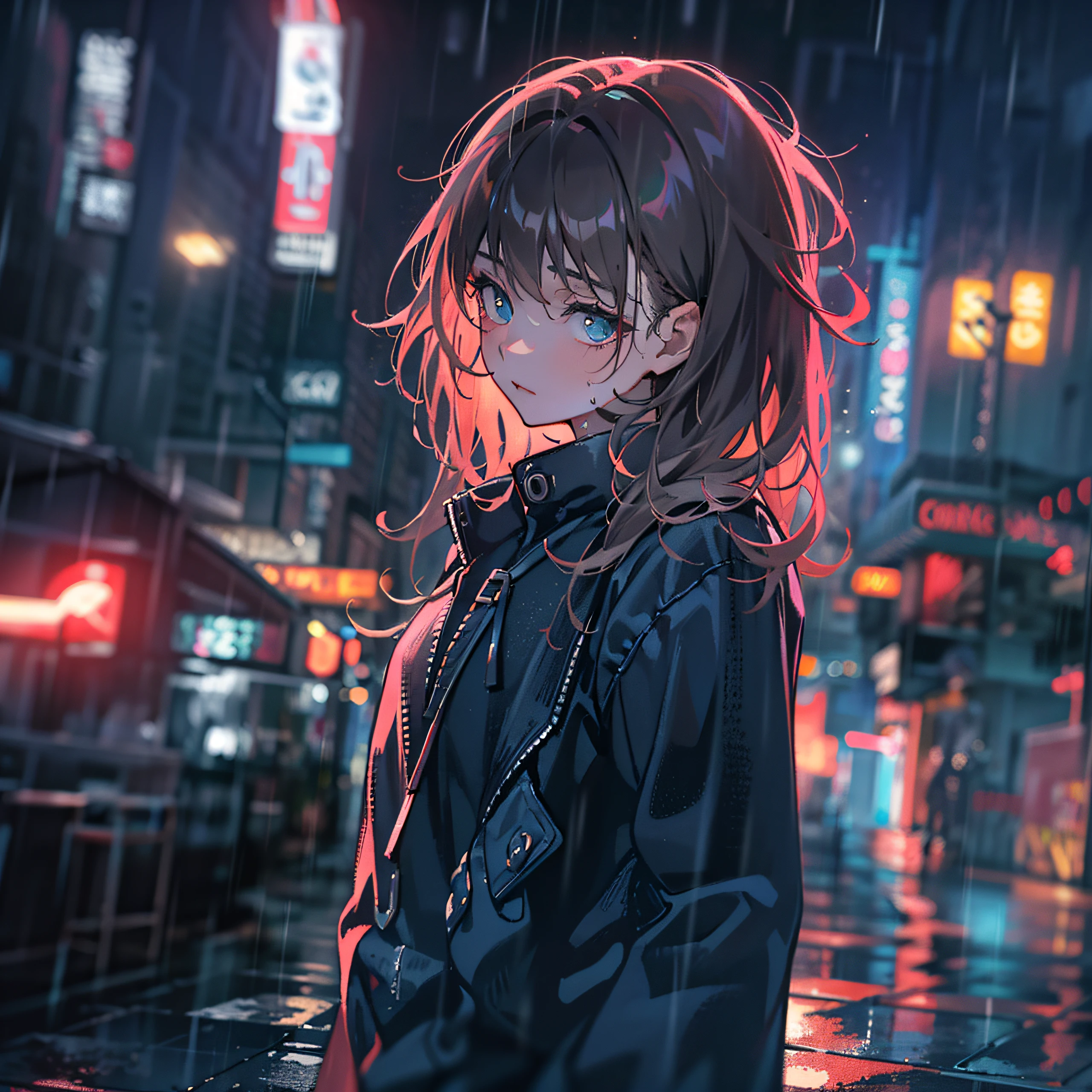 anime/manga style, (Fujimoto style:1.1), (blurry background:1.1), (best quality:1.2), (ultra-detailed:1.1), (photo-realistic:1.37), (vivid colors), (studio lighting:1.1), (dark ambiance:0.9), (mysterious atmosphere:1.1), (dramatic lighting:1.1), (contrasting colors), (hazy glow:1.1), (neon lights:1.1), (rainy environment), (reflection on wet pavement:1.1), (intense expression:1.1), (sharp focus), (determined eyes), ( apathetic look:1.1), (meticulously styled hair), (textured clothing), (sharp tailoring:1.1), (sleek silhouette:1.1),