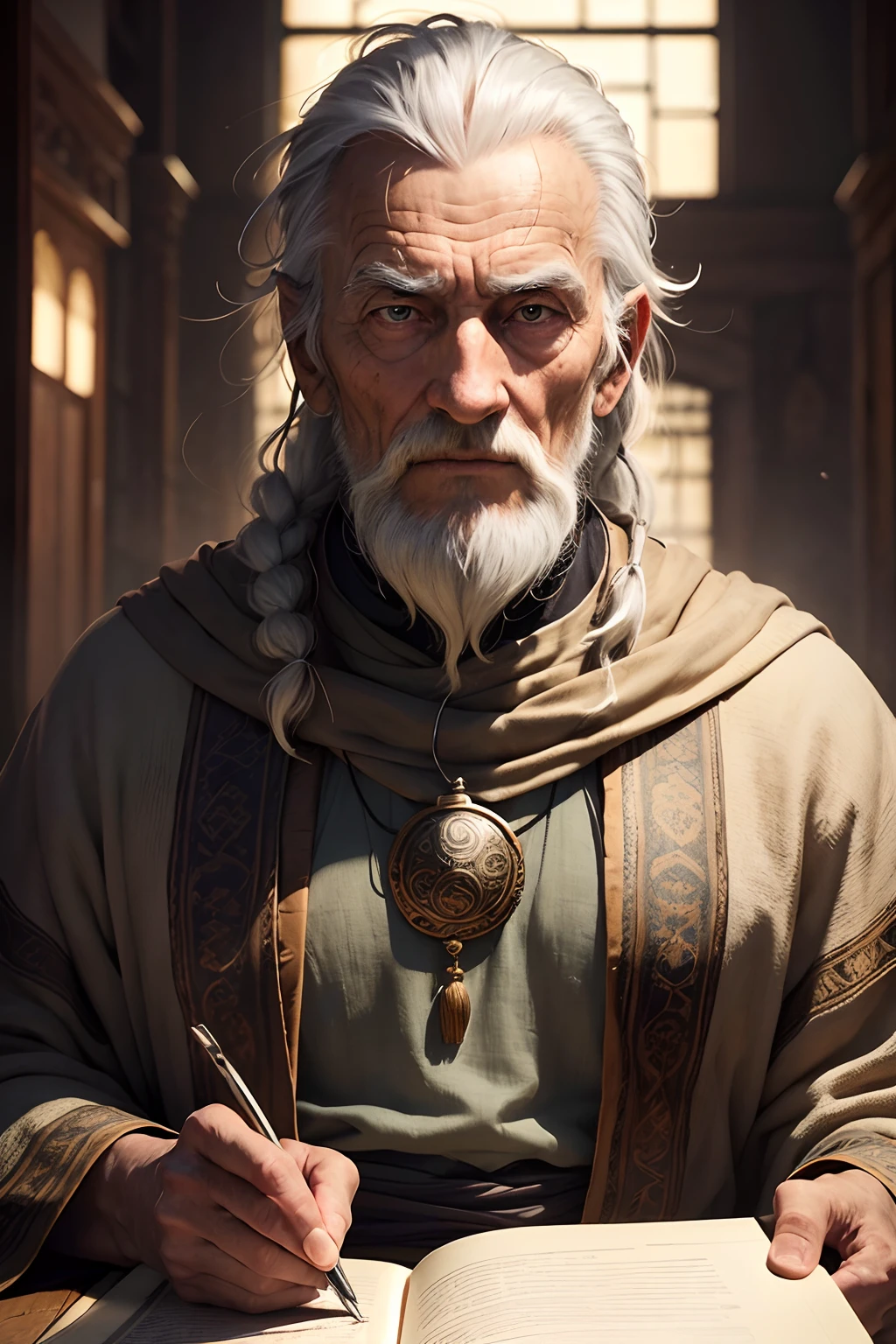 Design an old, ancient man who has spent a lifetime dedicated to the pursuit of wisdom and knowledge. His weathered face tells the story of countless years, etched with lines that map out the hardships and joys he has endured. His eyes, though tired, glisten with a profound depth of insight that only comes from a lifetime of experience. Clad in robes that have faded with time, he carries an aura of tranquility and a commanding presence that demands respect. Around his neck, a pendant hangs, passed down through generations, a symbol of his ancestral lineage and the legacy he carries. In his hands, he holds a weathered tome, its pages worn from years of diligent study, a testament to his lifelong commitment to unraveling the mysteries of the universe. As he gazes into the distance, his mind seems to wander through the corridors of time, reminiscing about the ancient secrets he has uncovered and the timeless wisdom he has imparted to those who have sought his guidance.