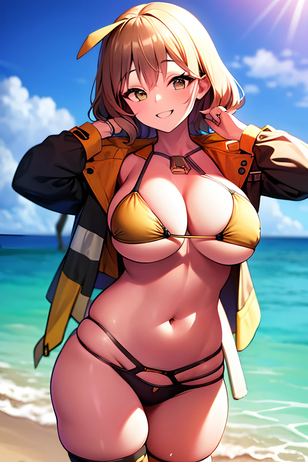 Large breasts, thick thighs, small bikini, beach, smiling