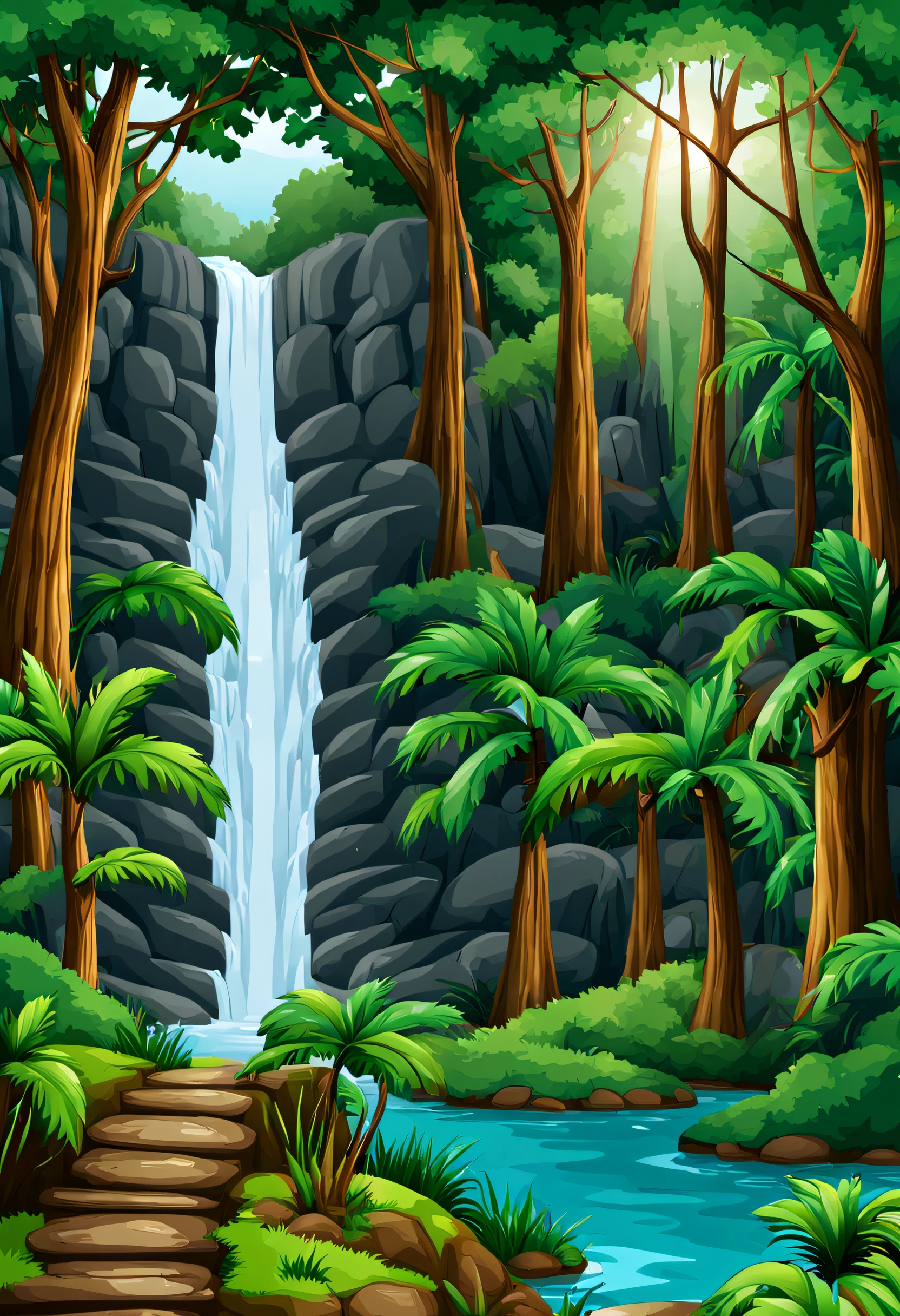 Illustration of waterfalls in the jungle