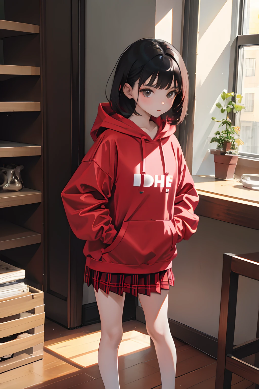 ，（​masterpiece，Highest Quality），Light Red Sheer Hoodie，plaid skirts，A dark-haired