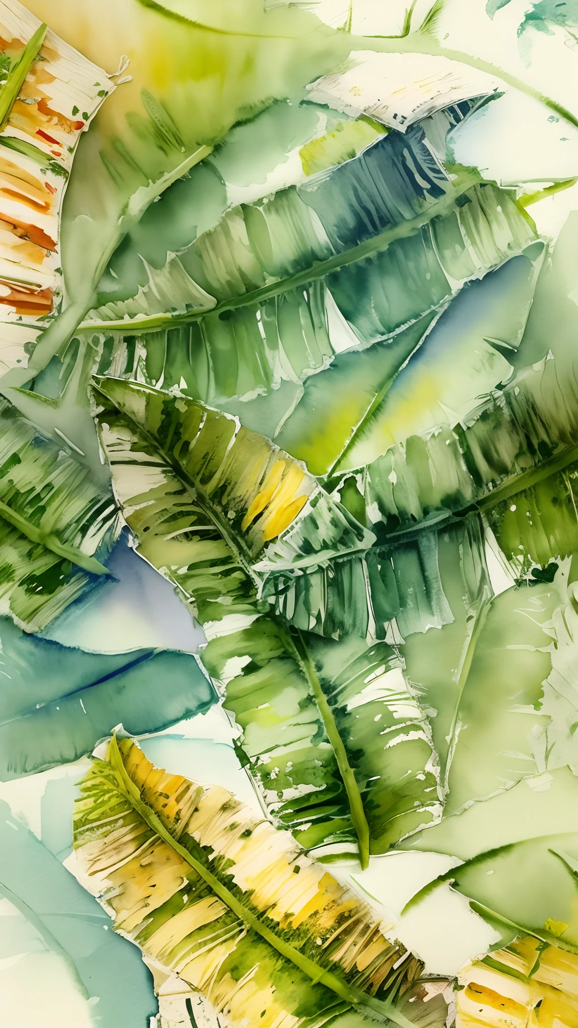 composition with foliage, banana leaves, painted with watercolor as the link image, there can be no people, only foliage, can't have banana only the leaves
