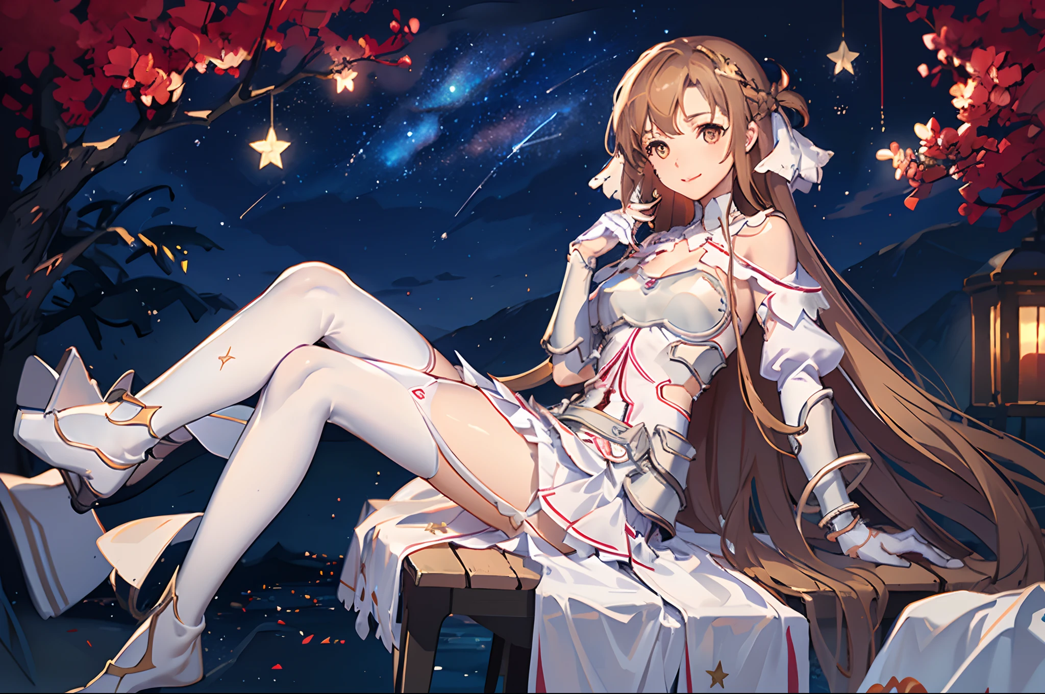 1 girl, masterpiece, best quality, perfectanatomy,ultra detailed, stacia, 1girl, solo, medium breasts, slim body, good hands, (good legs), (good knees),  (night sky, stars), long hair, breasts, looking at viewer, happy, bangs, brown hair, thighhighs, gloves, dress, cleavage, bare shoulders, brown eyes, very long hair, (sitting on a bench), crossing legs, white gloves, white dress, armor, white thighhighs, garter straps, white armor,