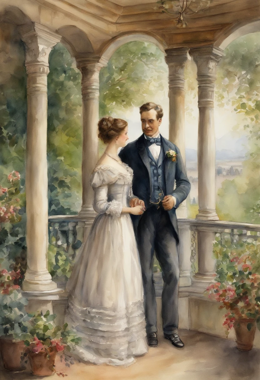 Full body shot, a Victorian female couple embracing on a veranda