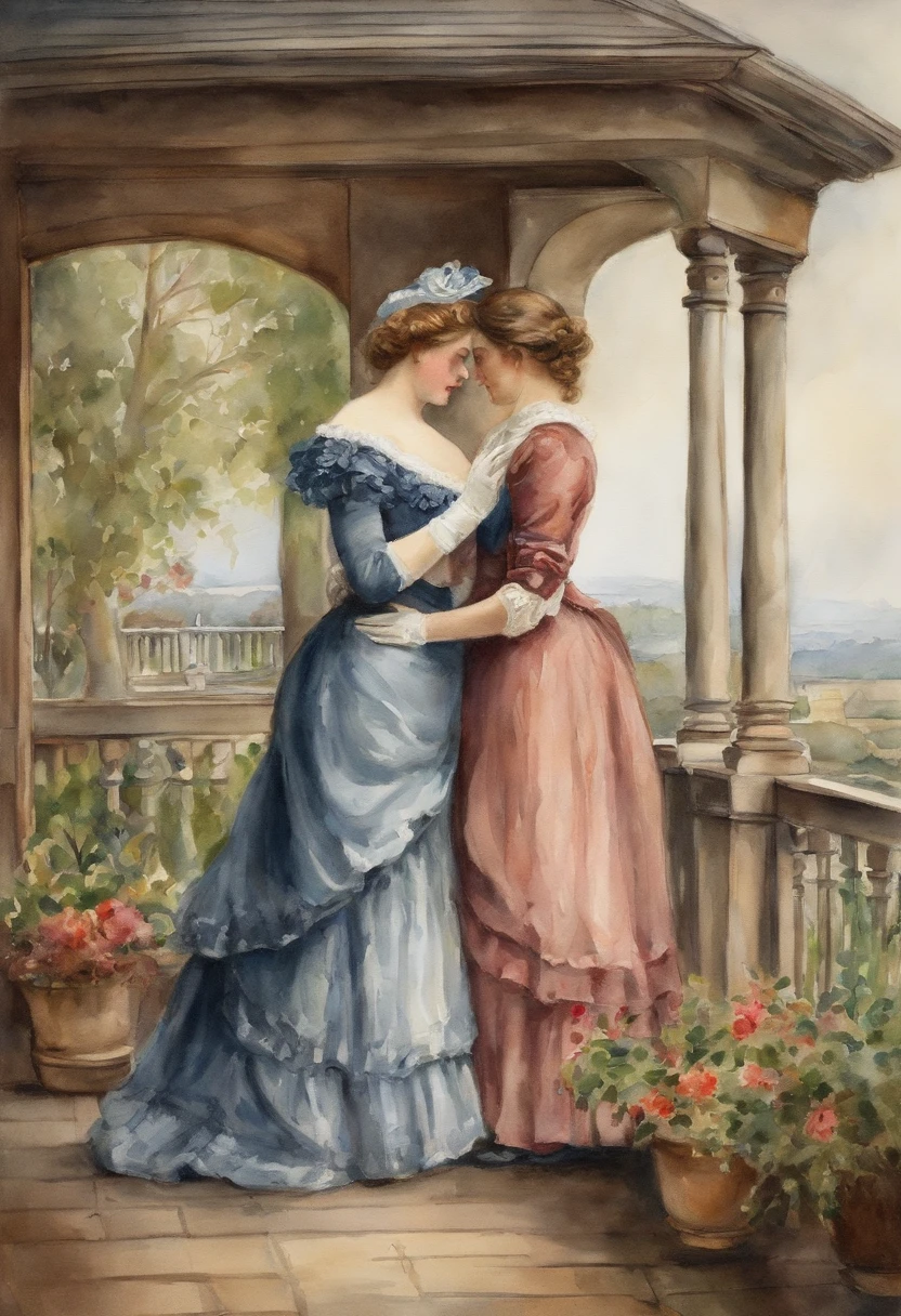 Full body shot, a Victorian female couple embracing on a veranda