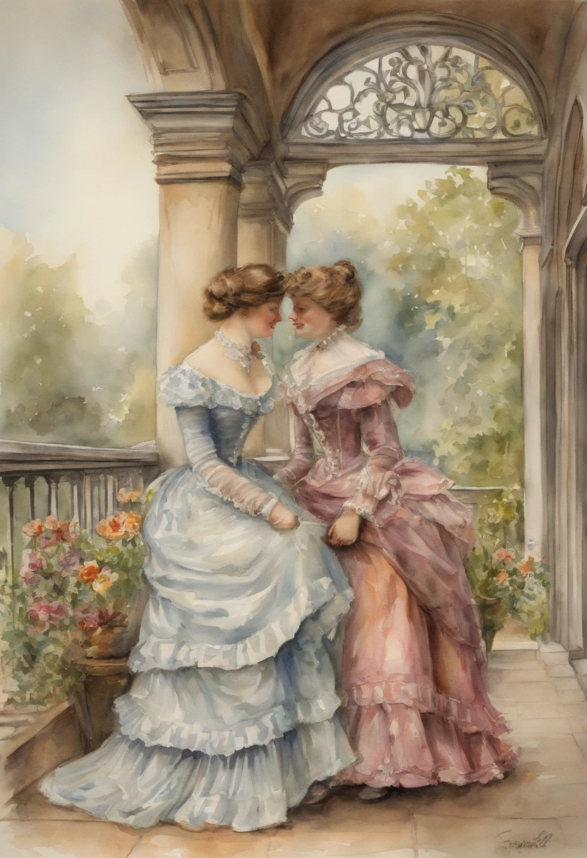 Full body shot, a Victorian female couple embracing on a veranda